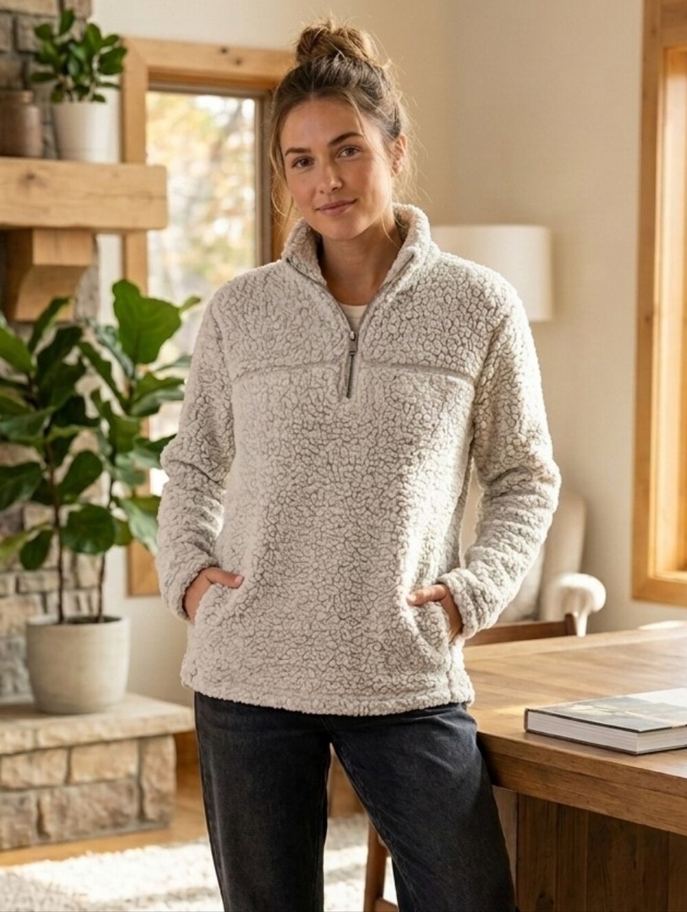 Dylan Los Angeles Neutral Gray Cream Sherpa Zip-Up Pullover Sweater
